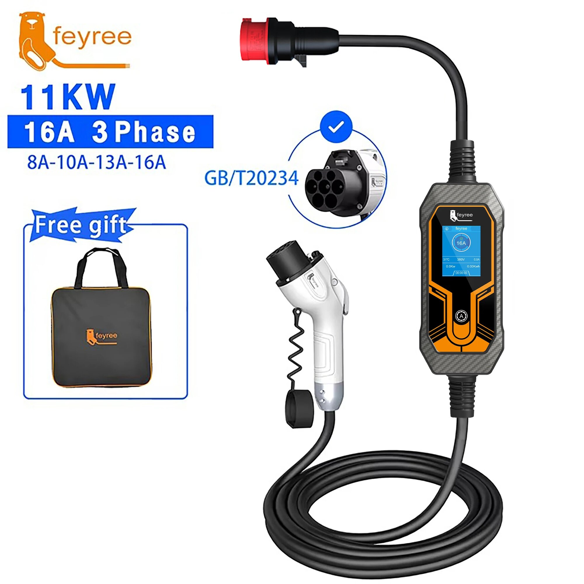 Feyree 11KW 16A 3-фазный шнур GB/T Портативное зарядное устройство для электромобилей 5 м Кабель EVSE Зарядное устройство Автомобильное зарядное устройство с вилкой CEE для электромобилей, 11KW 5M NO Adaptor
