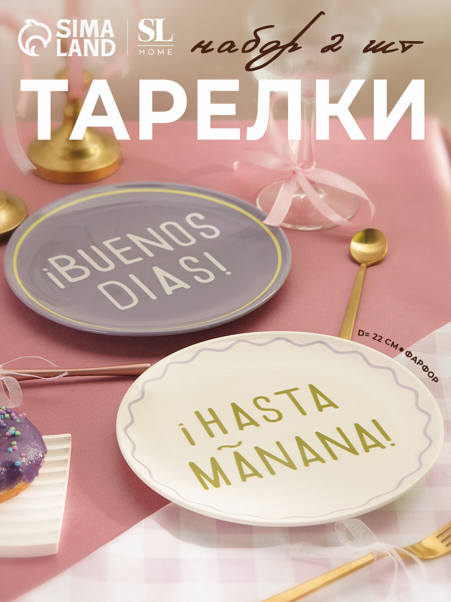 Тарелки SL Home «Уроки испанского: ¡Hasta mañana - Buenos dias» d=22 см набор 2 шт фарфор белые фиолетовые