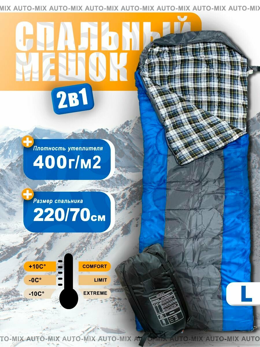 Спальный мешок туристический, армейский 220 на 150 см, до -10 C, Pilligrim синий (L) 2kg