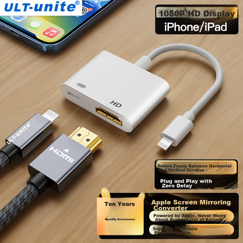 ULT-Unite Apple Lightning to HDMI Converter, High-Definition Video Adapter, IPhone And IPad Screen Mirroring, Display, TV, Projector, Screen Mirroring Connection Cable