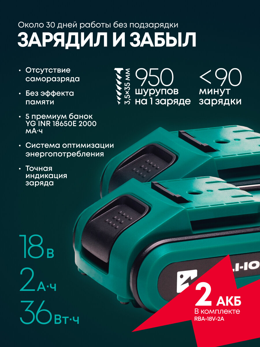 Шуруповерт аккумуляторный (дрель-шуруповёрт) Rokodil Twist 2 Pro (2 АКБ) 18 В, 48 Нм, 1400 об/мин — фото 1