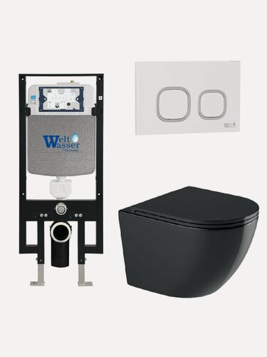 Изображение товара Комплект 6 в 1 WeltWasser: подвесной унитаз MERZBACH 043 GL-BL черный+кнопка смыва AMBERG RD-WT белый+инсталляция AMBERG 497 ST