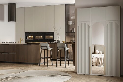 Изображение товара Шкаф распашной МебельЛэнд24 Рослин - 3.1 с антресолью Кашемир 140x40x250 бежевый для одежды трехдверный с 1 зеркалом