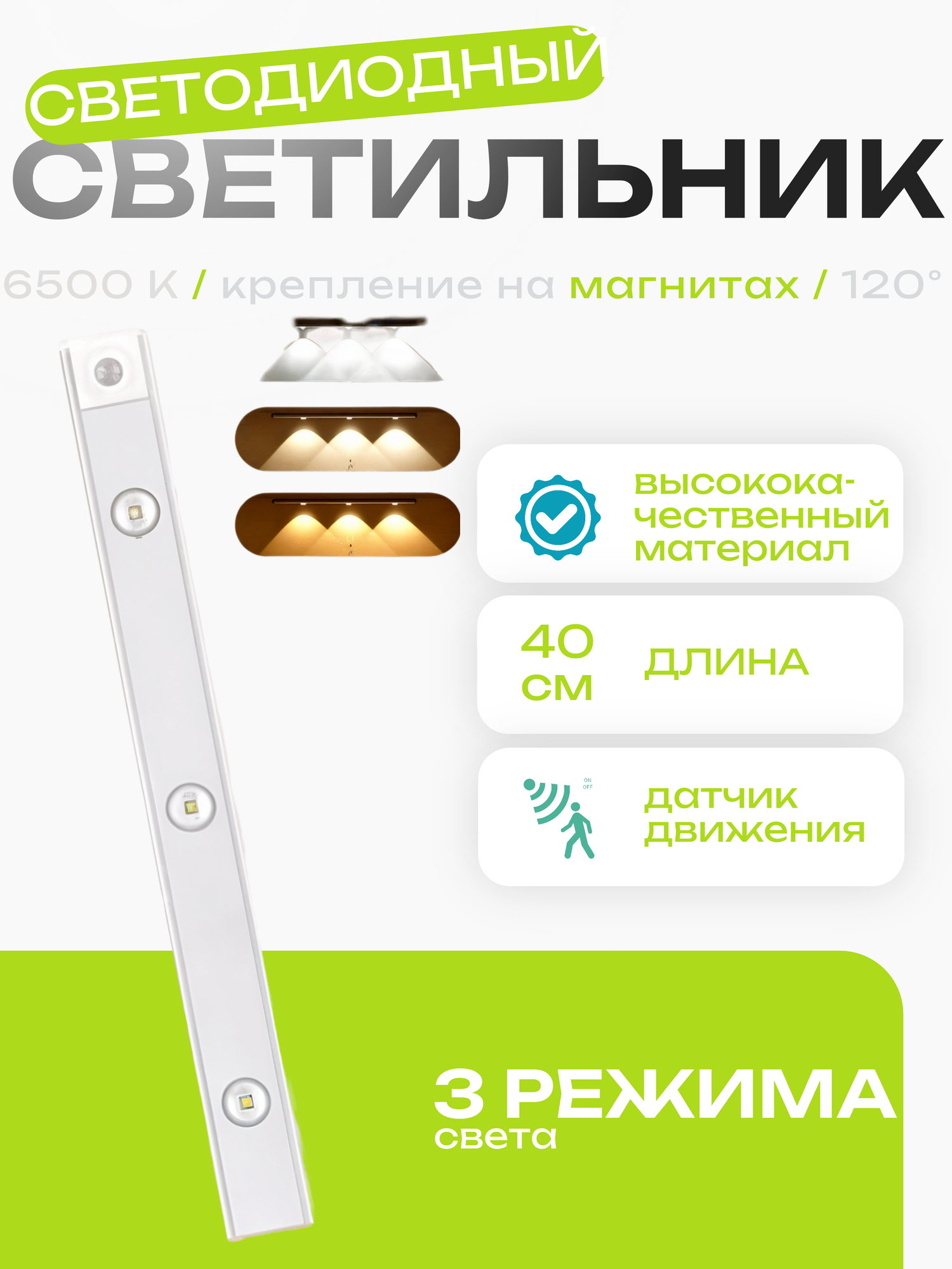 Ультратонкий светильник-ночник с датчиком движения/света, эффект "Кошачий глаз" с 3 режимами свечения, белый