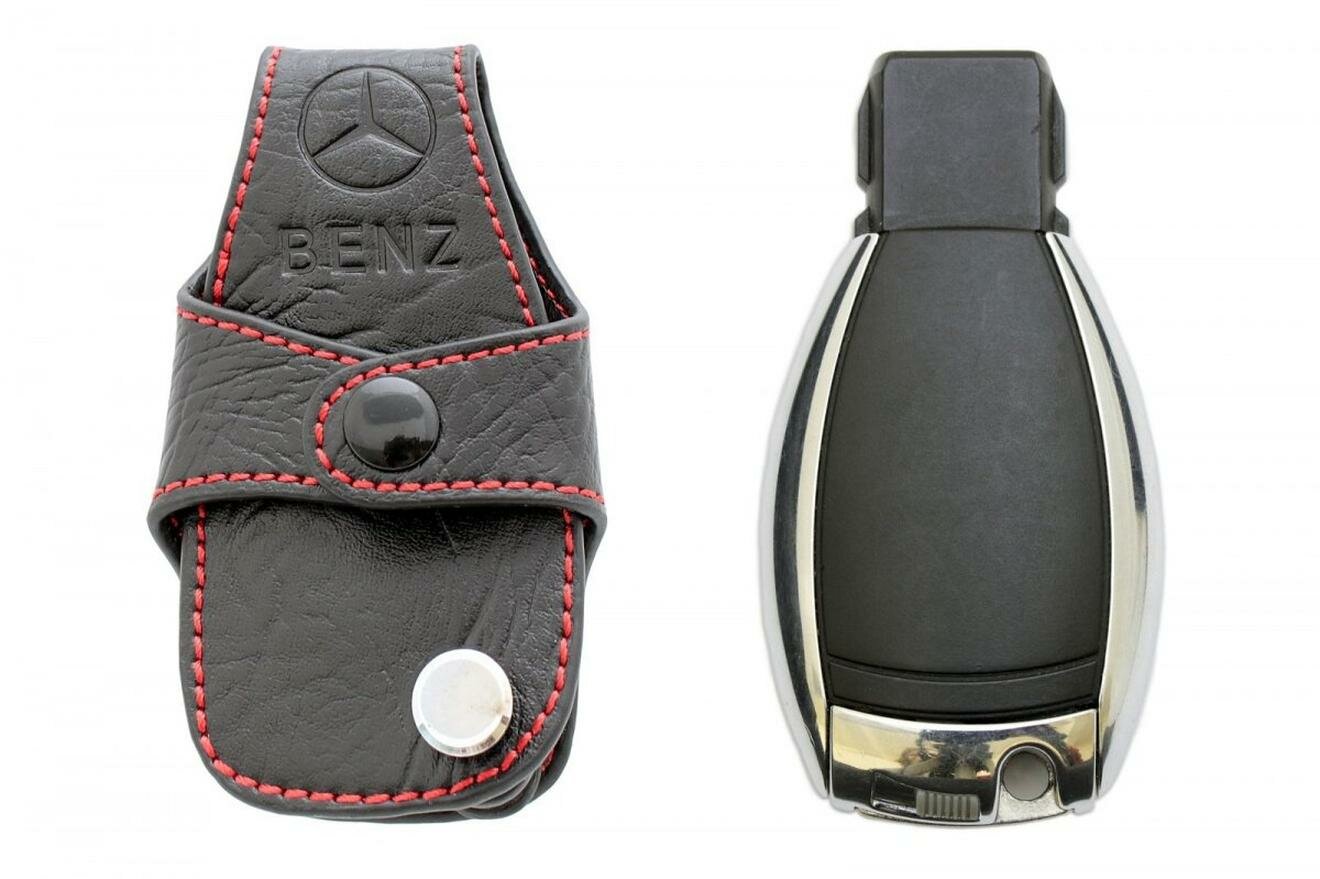Чехол для автомобильного ключа Mercedes (Мерседес) Цвет Черный Нить Красная — фото 1
