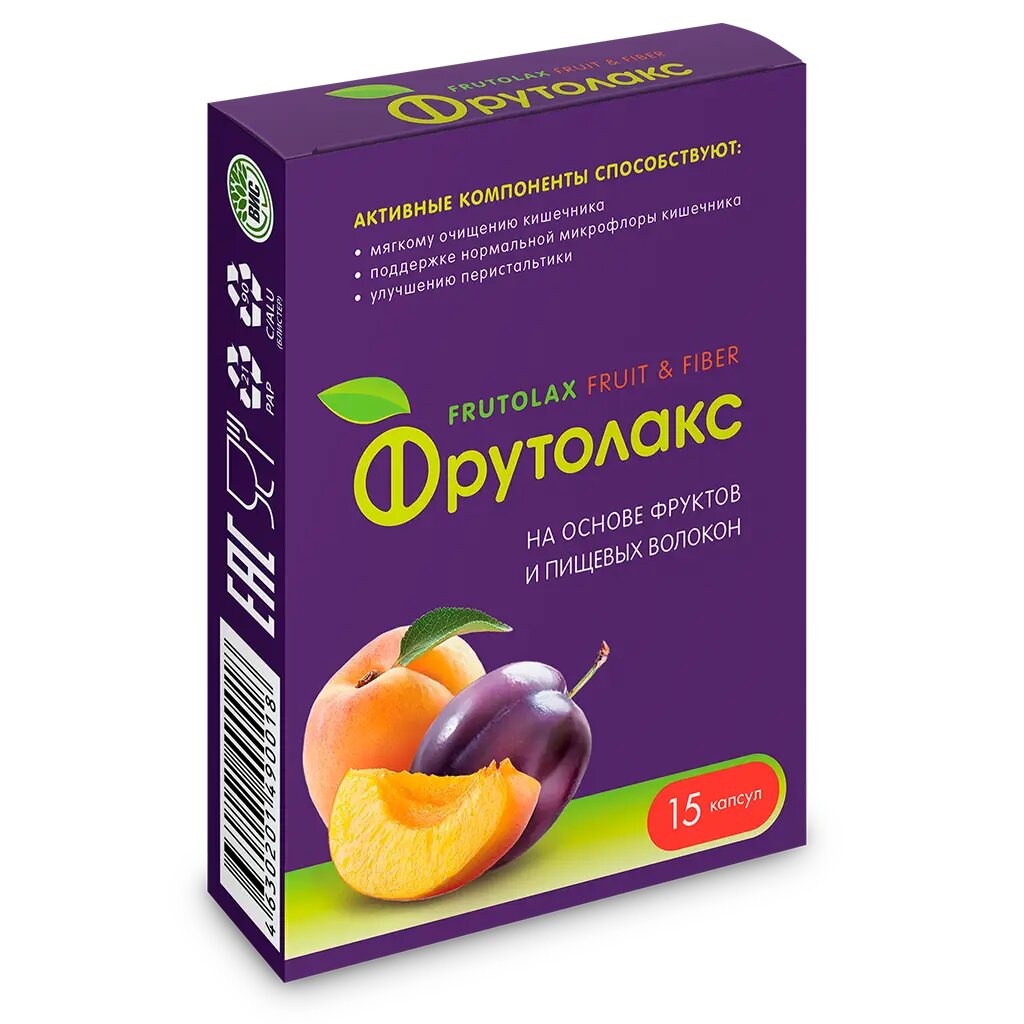 Фрутолакс на основе фруктов и пищевых волокон капсулы массой 0,35 г 15 шт