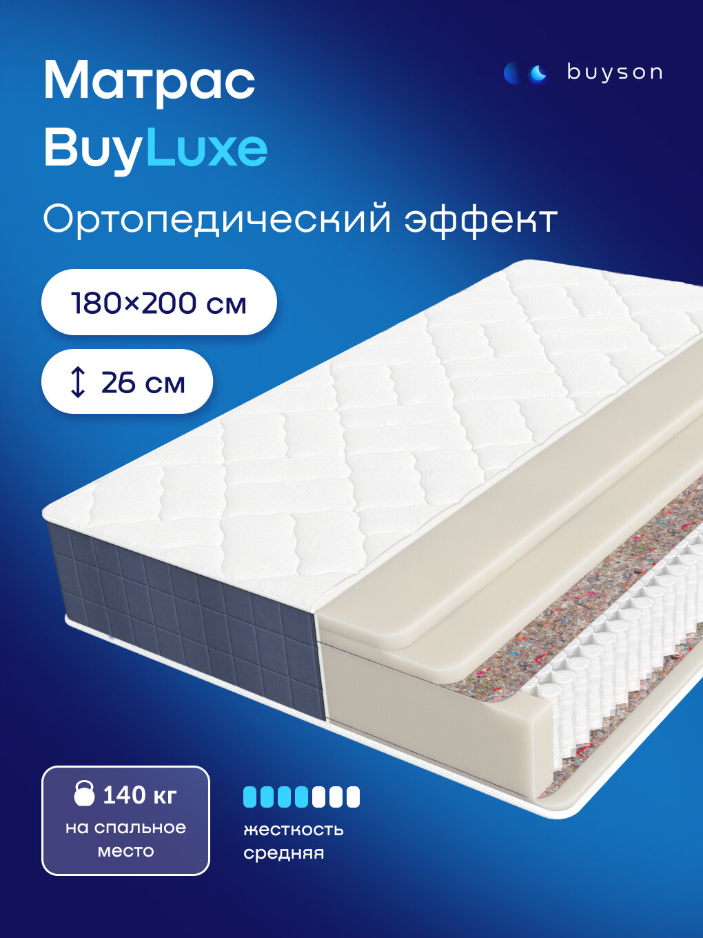 Ортопедический матрас buyson BuyLuxe, 180х200 см, независимые пружины