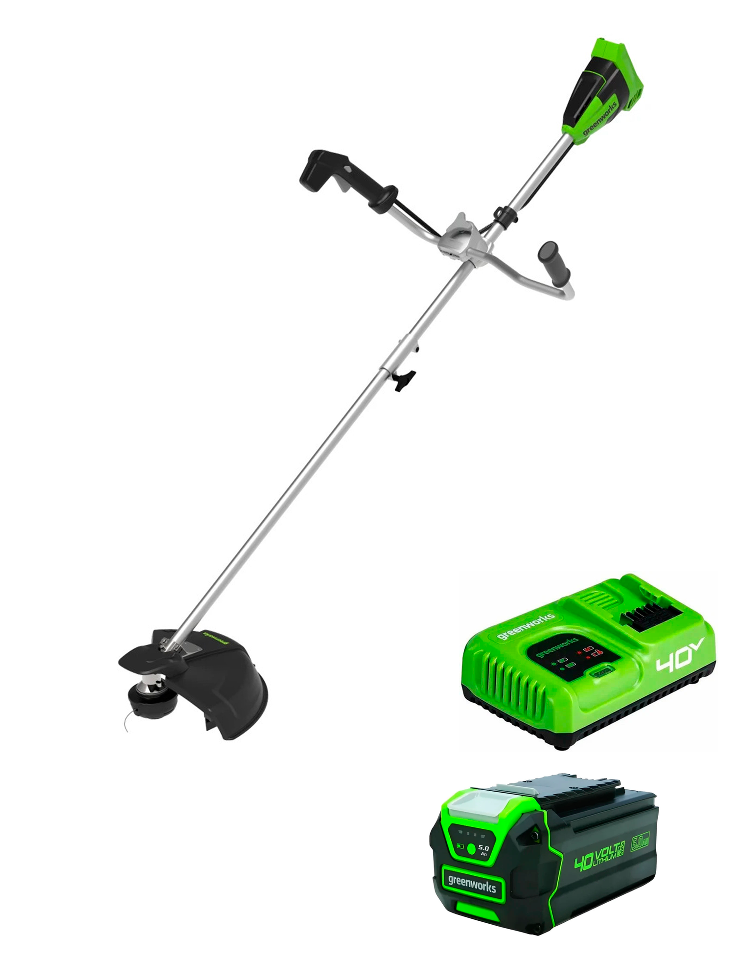 Триммер аккумуляторный Greenworks GD40BCB 40V, бесщеточный, триммерная головка + нож, велосипедная ручка, комплект АКБ 5 Ач + быстрое ЗУ