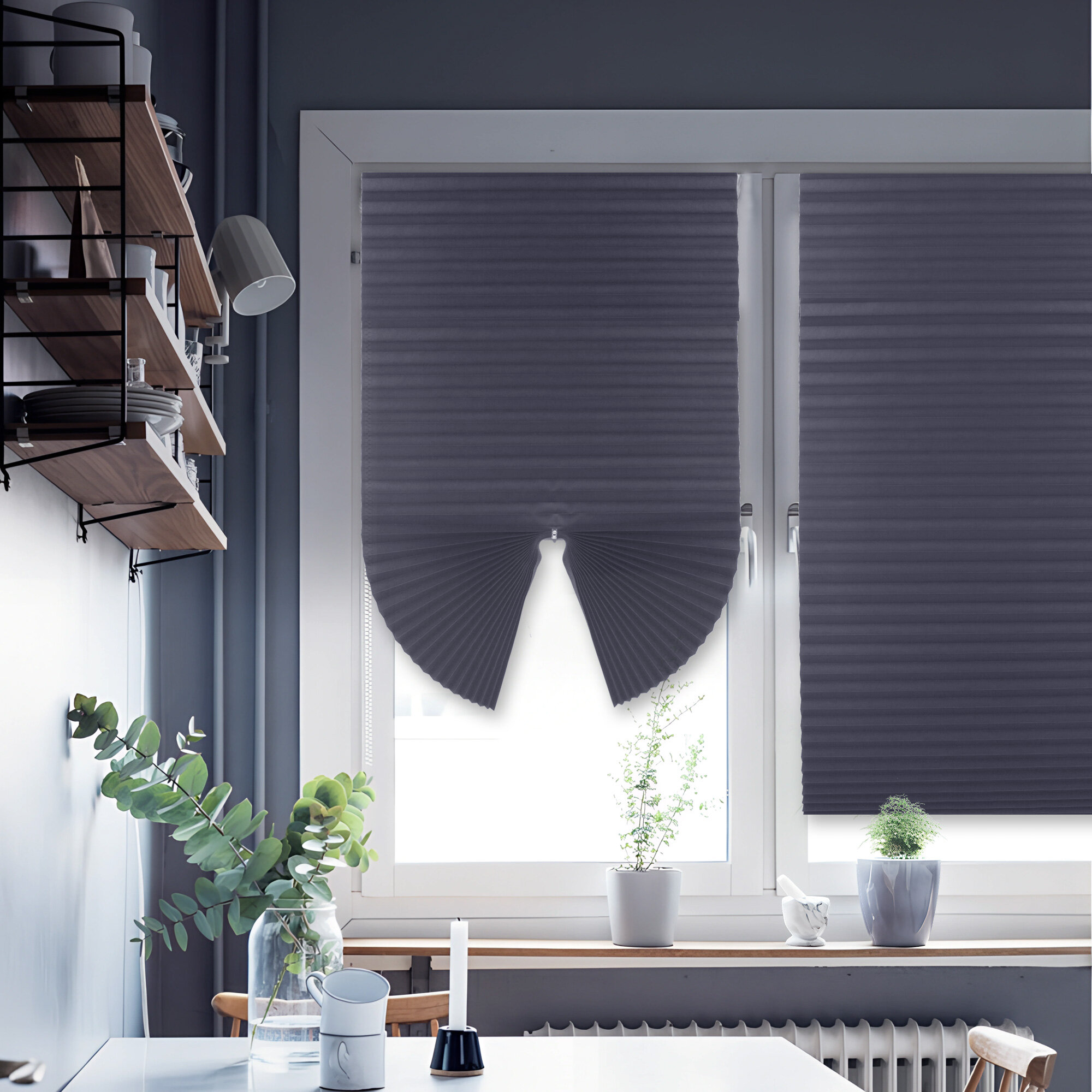Жалюзи плиссе на окна и дверь горизонтальные тканевые самоклеящиеся на липучке размер 90х190см цвет графит