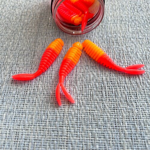 Силиконовая приманка для форели Креветка 55 мм, 10 шт в банке, аттрактант Сыр, цвет Красный-Оранжевый