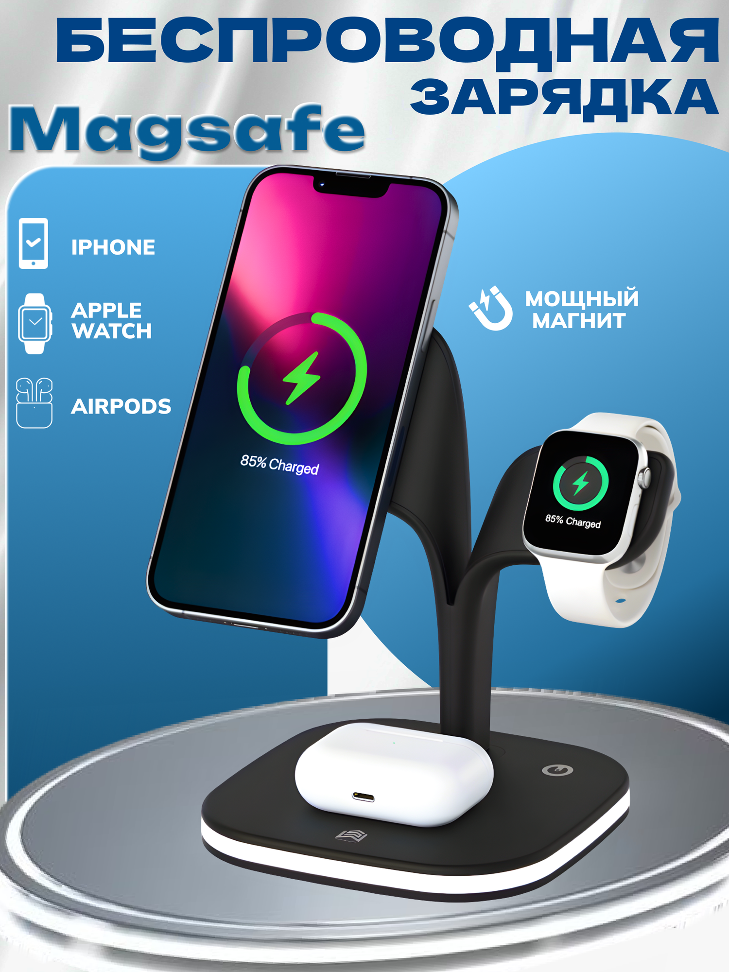 Беспроводная зарядка MagSafe для iPhone, AirPods, Apple Watch. Беспроводное зарядное устройство, ночник настольная лампа