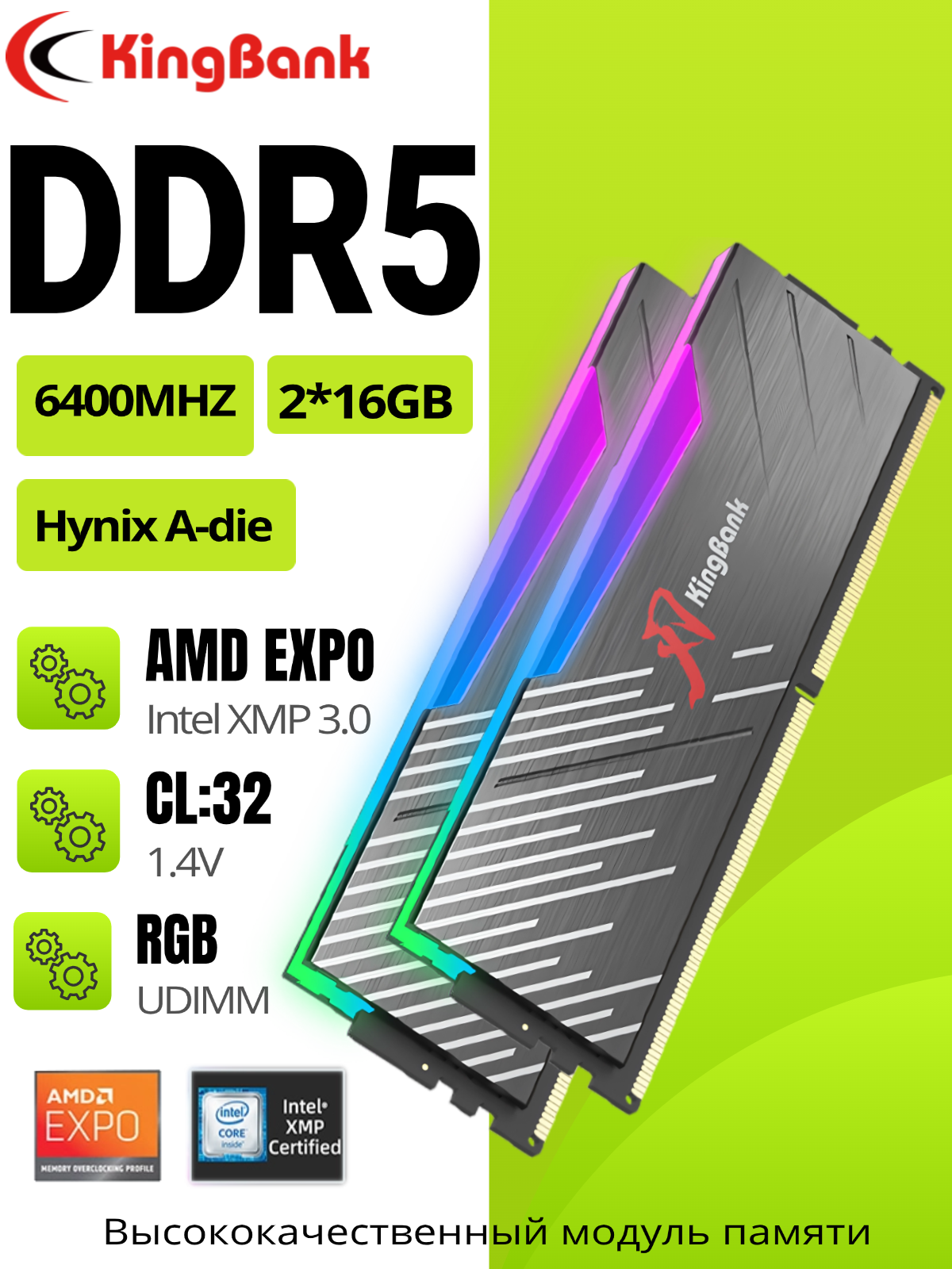 KingBank Оперативная память Dark Soarblade RGB DDR5 UDIMM 6400MHz Drak Heatsink (Hynix A-die C32) 2x16 ГБ