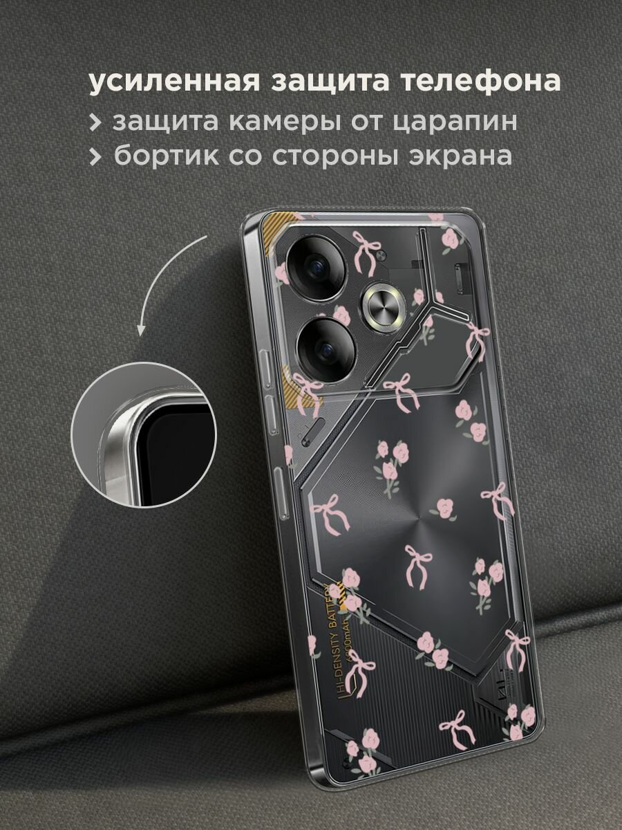 Чехол на Tecno Pova 6 / Текно Пова 6 с принтом "Розы и ленточки", прозрачный — фото 1