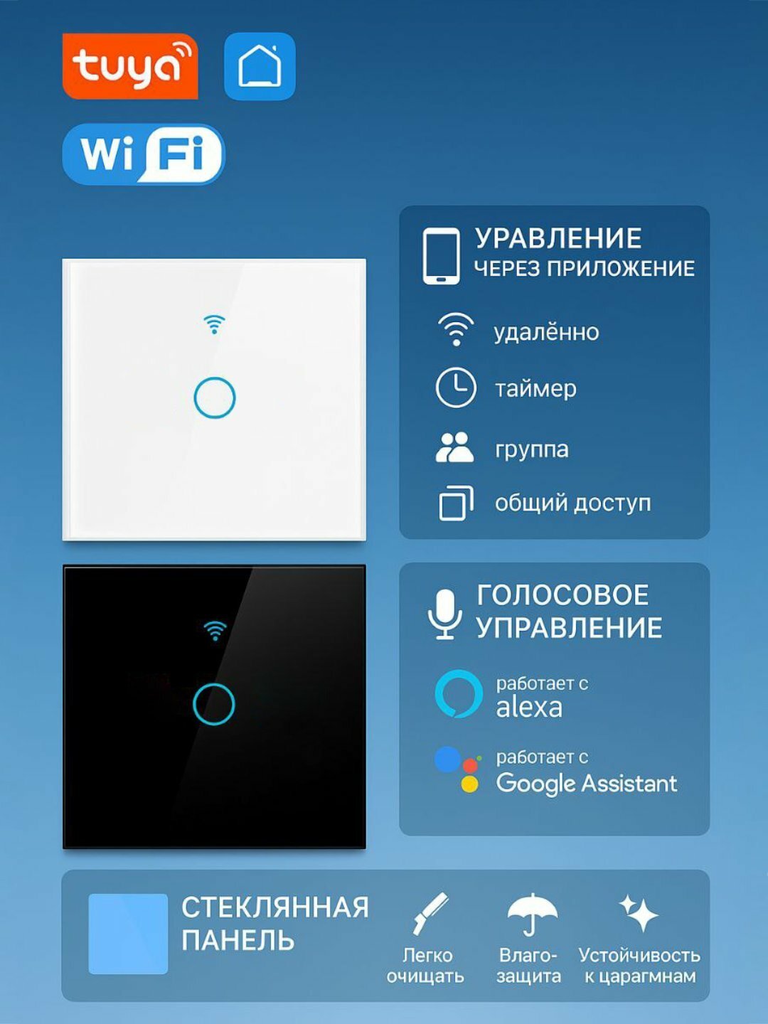 Умный сенсорный Wi-Fi+RF 433МГц выключатель света, Tuya Smart Life, черный цвет, 1 канал