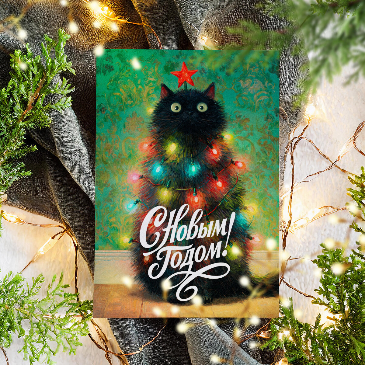 Новогодние винтажные открытки, Поздравительная открытка с Новым Годом , красивые яркие принты, формат А5