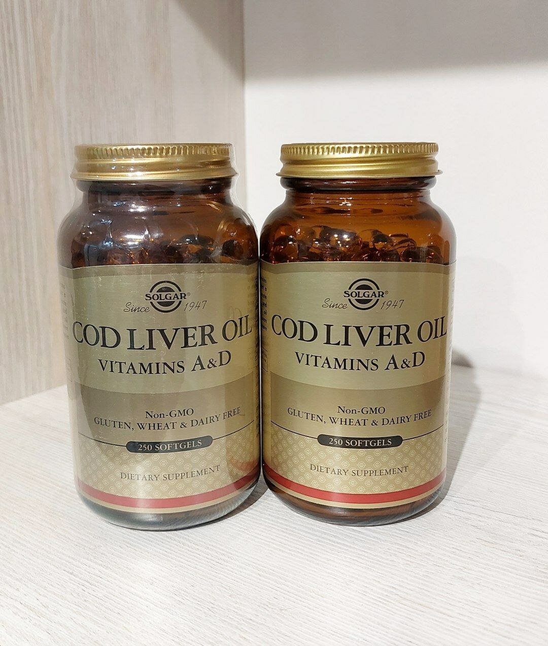 Рыбий жир печени трески Solgar с витаминами A и D, 250 капсул натуральный