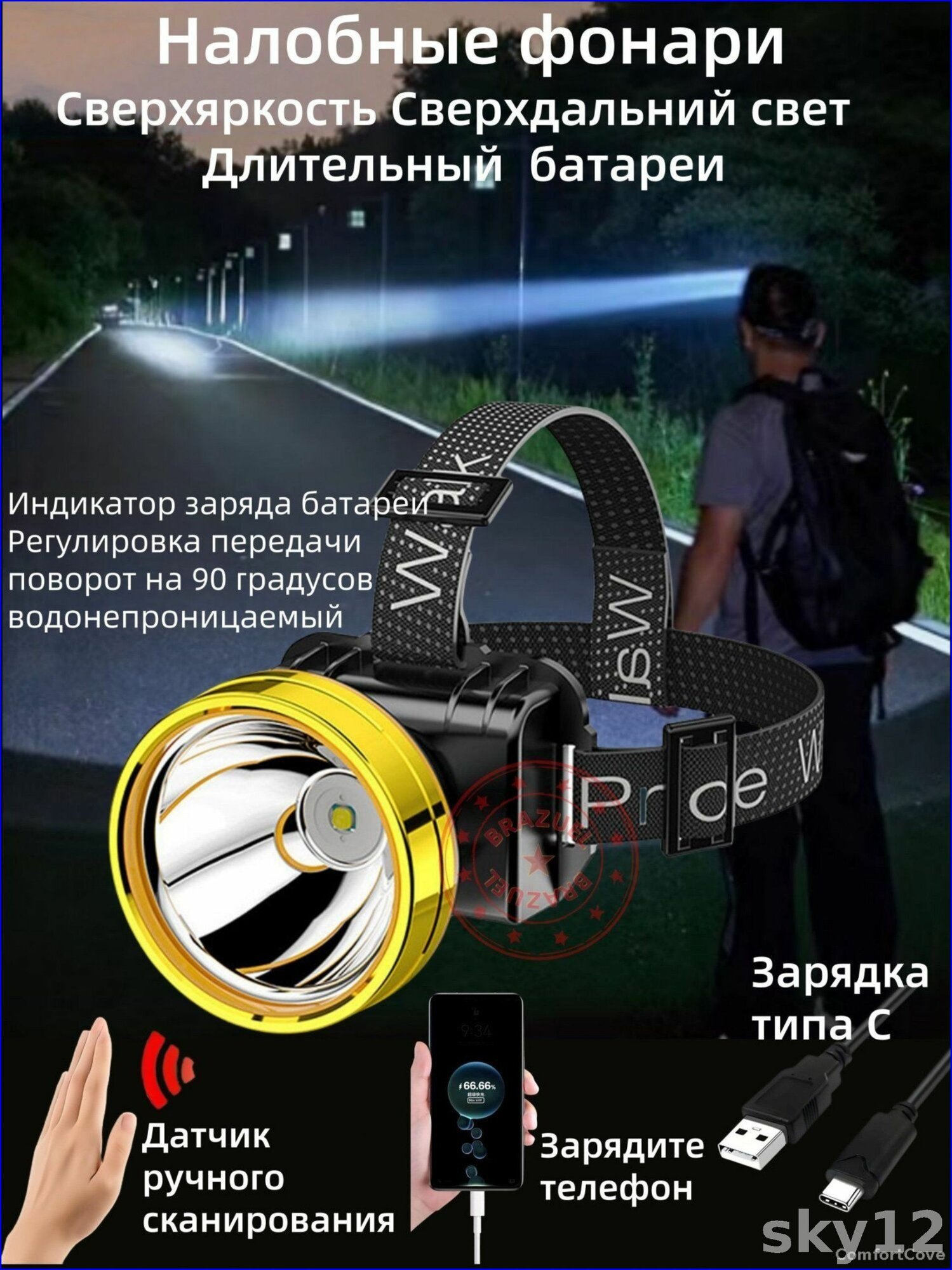 Стильный аккумуляторный LED фонарь на голову с функцией зарядки