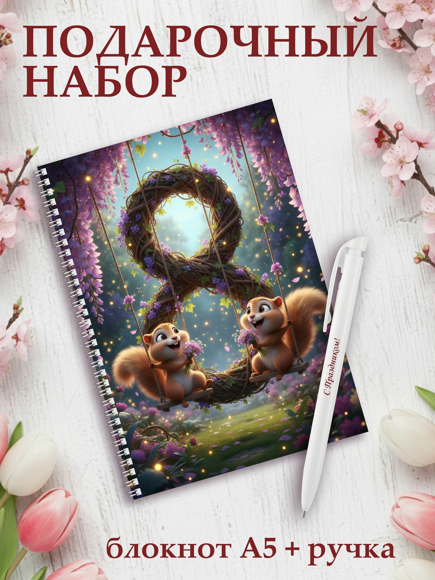 Блокнот А5 (48 листов) "8 марта", ручка в наборе