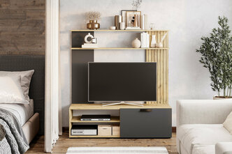 Стенка в гостиную под телевизор Нонтон Мишель тип 1, крафт / графит, 140x35x149 см