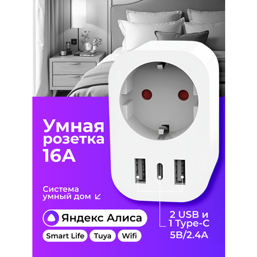 Умная розетка wifi, умный дом с алисой, Smart Life, Tuya, умная розетка c таймером, 2 USB / 1 Type-C, до 3.6 кВт, белый