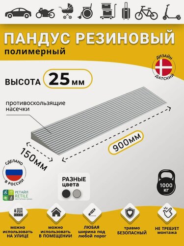Изображение товара Пандус резиновый рубеж для порогов высотой 2,5 см (25х900х150 мм), серый, для колясок, склада и автомобилей