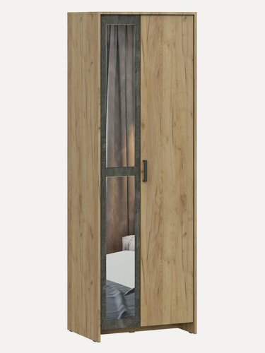 Изображение товара Распашной шкаф-пенал Дублин с зеркалом, с полкой, со штангой, 70.1х50х209.4 см, Дуб золотой / Камень тёмный