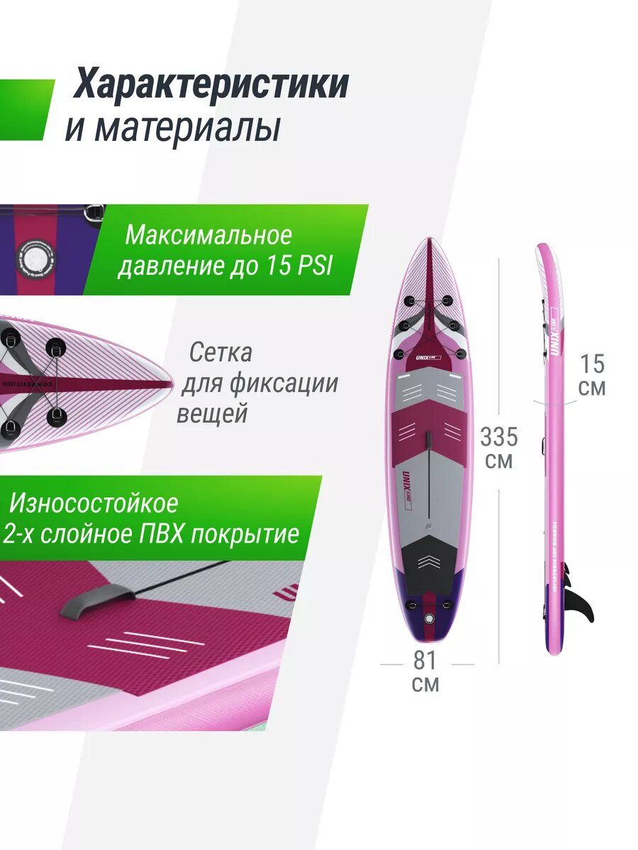 Сапборд надувной для плавания UNIX Line sup board Pink Horizon 335 см до 200 кг, двухслойный, с веслом, рюкзак, насос — фото 1