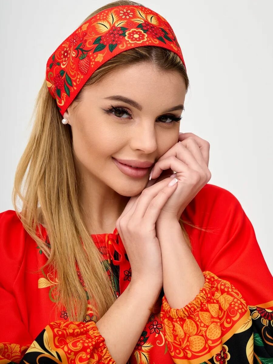 Очелье славянская повязка на голову орнамент Хохлома 58-60, ширина 8 см