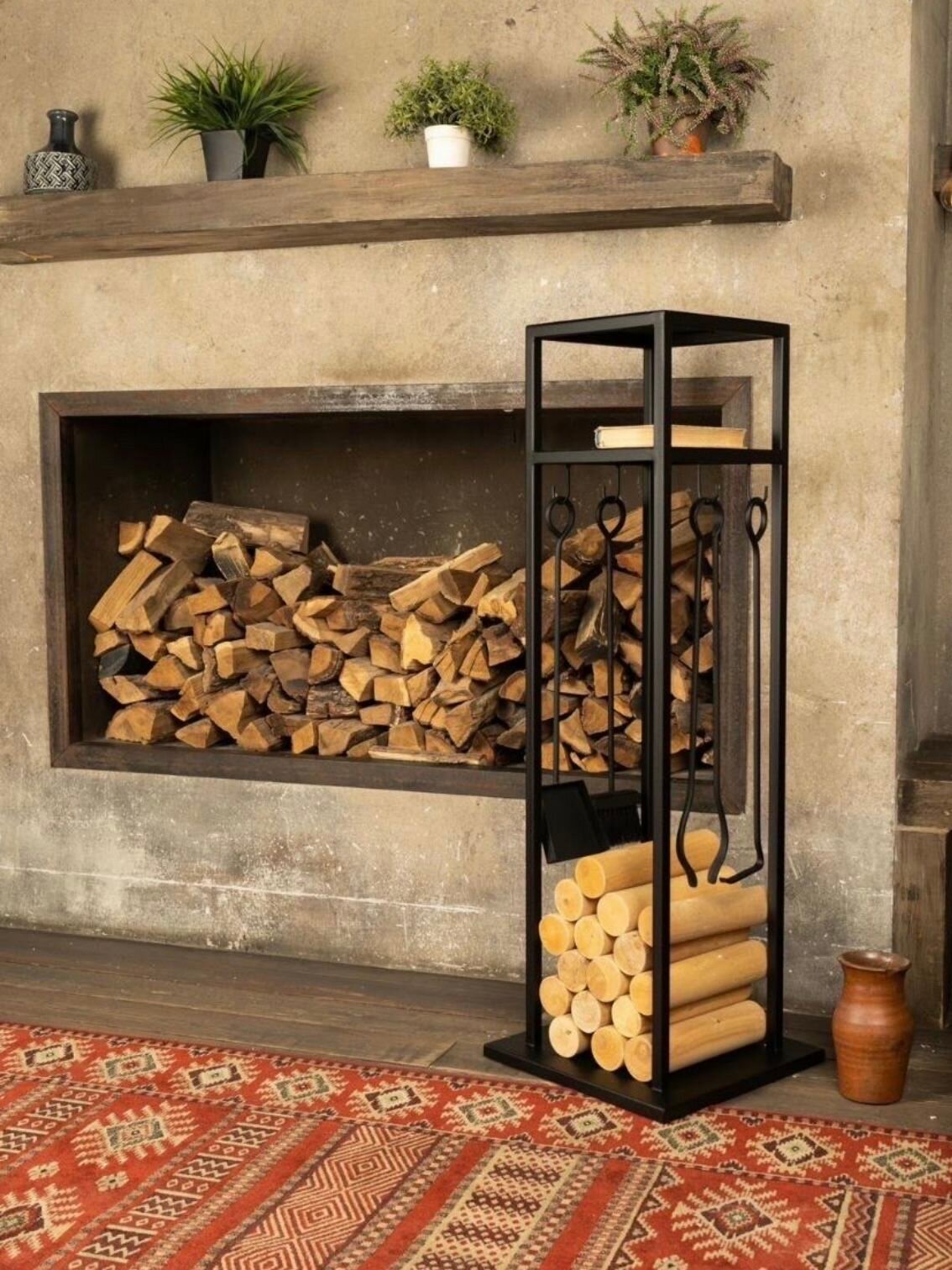 Дровница лофт с каминным набором из металла высота 120 см для камина печи и бани подставка для дров поленница