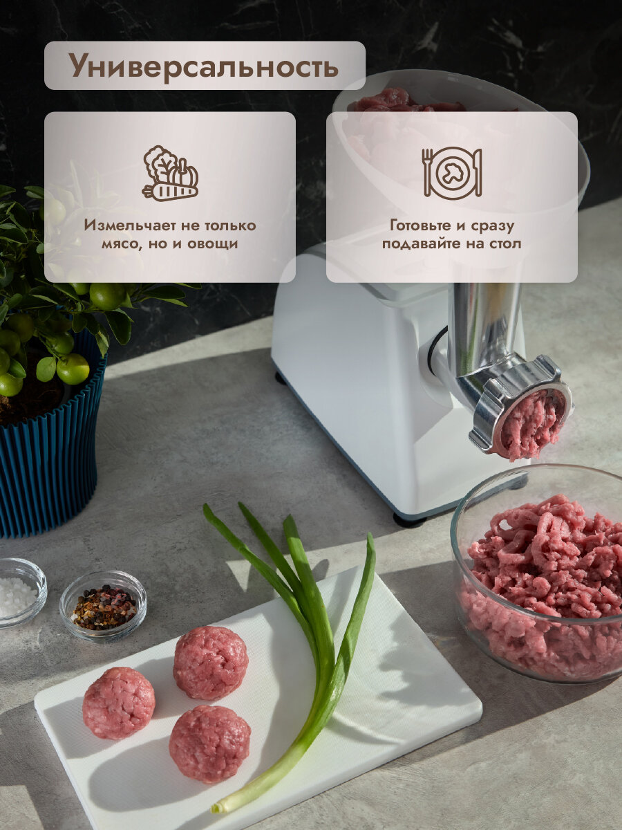 Электрическая мясорубка Dumont DMMG-3004 с функцией реверса, 5 насадок, 1350 Вт, цвет белый — фото 1
