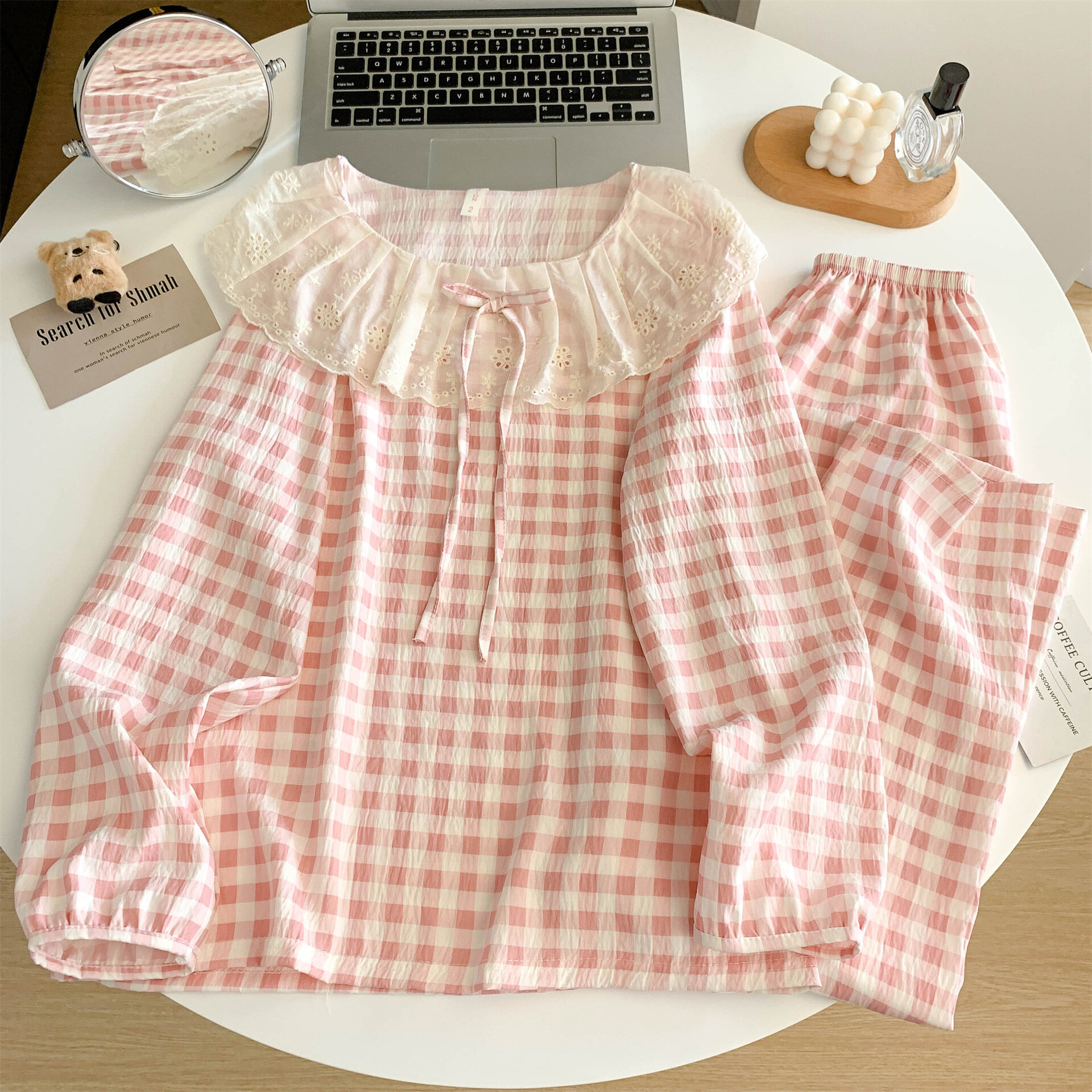 Пижама в корейском стиле с милыми отворотами и кружевом, женская домашняя одежда из хлопка на весну и осень, женский костюм, размер: M