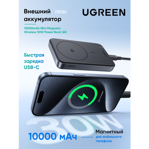 Внешний аккумулятор UGREEN PB761 (45763) 10000mAh MIni Magnetic Wireless 30W Power Bank Qi2. Цвет: серый