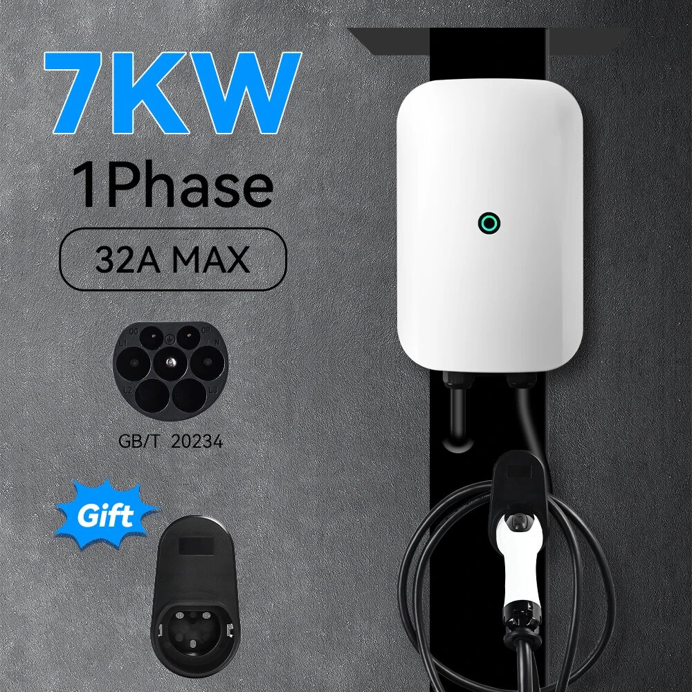 7 кВт GBT Зарядная станция для электромобилей Plug and Play 32A 1 фаза GB/T 20234 Зарядное устройство EVSE Wallbox 5 м с держателем зарядного устройства IP55 Водонепроницаемый, 7KW 32A 1Phase GBT