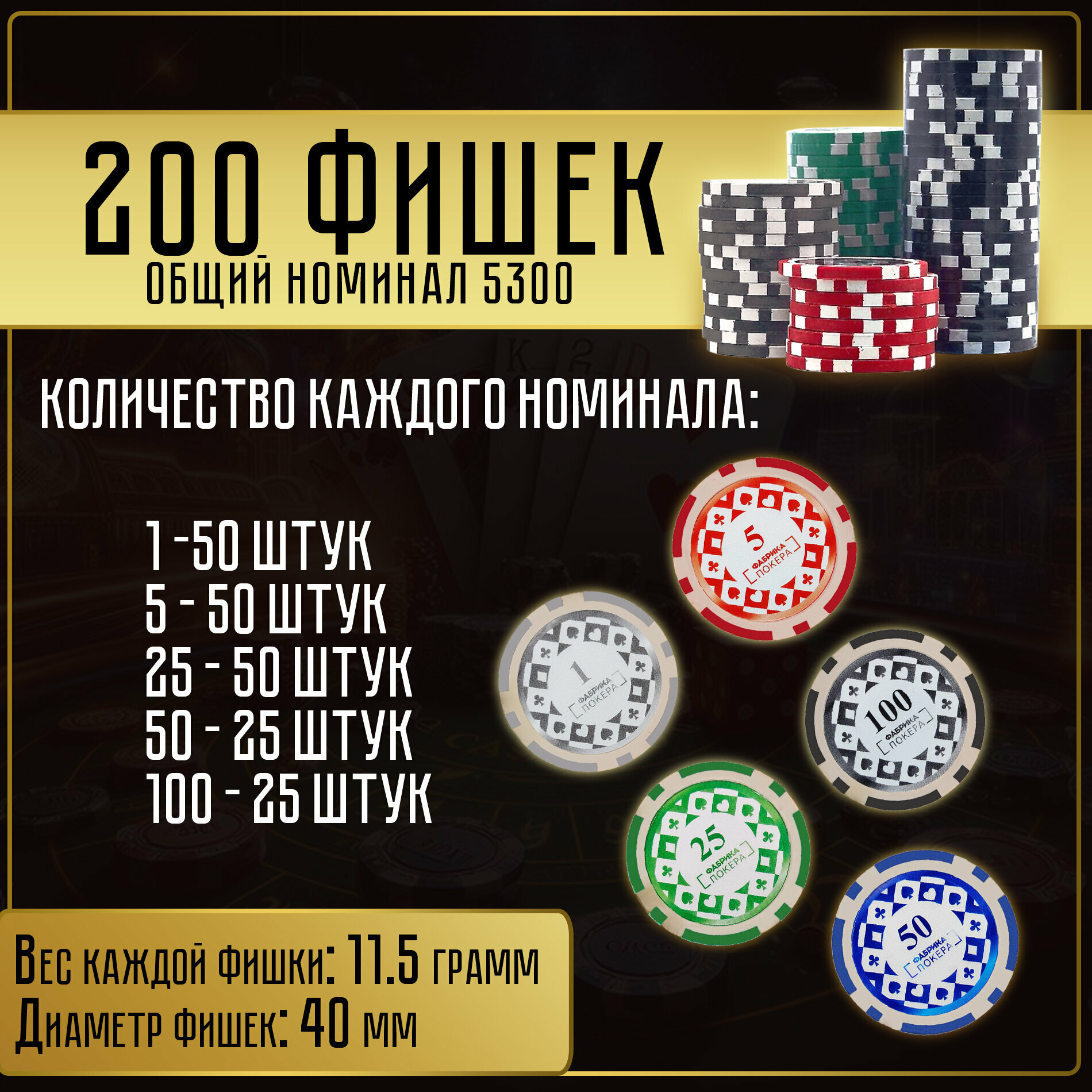 Покерный набор Фабрика Покера: 200 фишек с номиналом в черном кейсе — фото 1