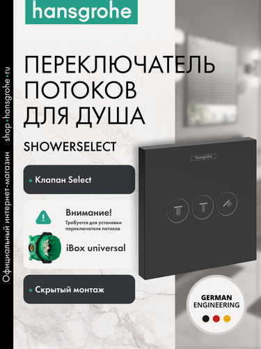 Изображение товара Переключатель потоков для душа hansgrohe ShowerSelect скрытого монтажа, внешняя часть, 15764670, матовый черный
