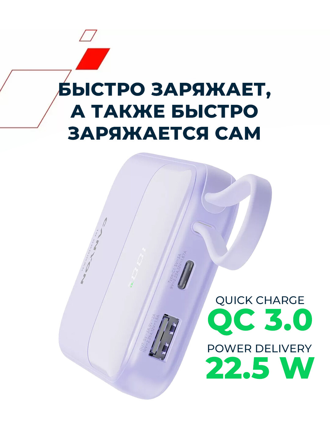 Внешний аккумулятор CANYON power bank 10000 OnPower 101, быстрая зарядка , со встроенным кабелем — фото 1