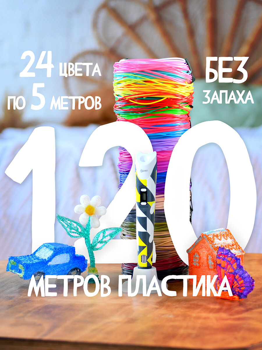 3d ручка Даджет Art с набором пластика PLA 120 м (24 цвета по 5 метров) и трафаретами, 3д ручка — фото 1