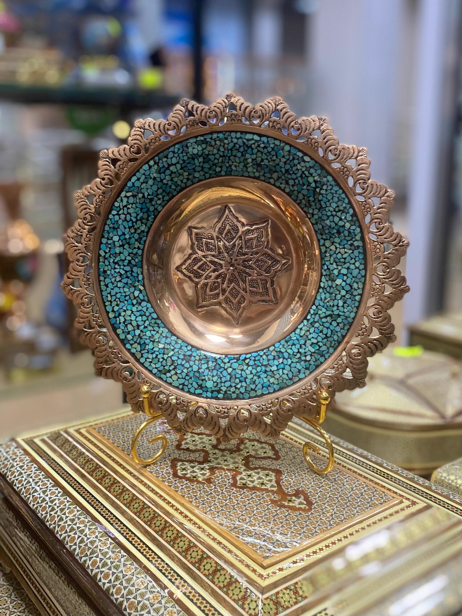 Тарелка "Фирузе", ручная работа, 21 см, бирюзовая, золотистая, медная — фото 1