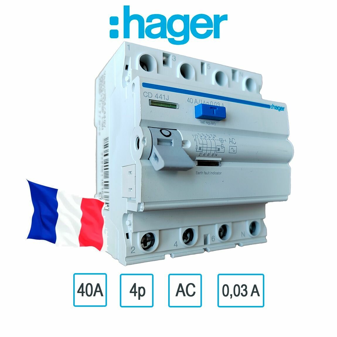 УЗО 40 A 30 mA 4P тип AC Hager CD441J