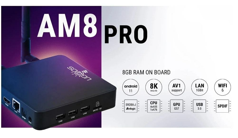 Смарт ТВ-бокс Ugoos AM8 PRO 8/64GB , Android, Wi-Fi 6, поддержка Dolby Vision