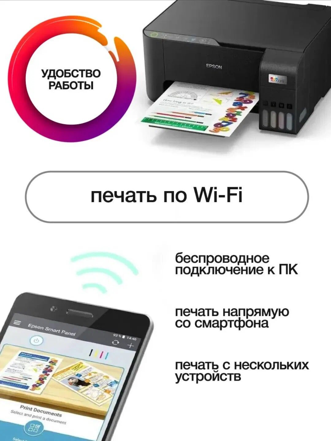Принтер EcoTank Epson L3250, 3 в 1, струйный, цветной, A4, USB 2.0, Wi-Fi
