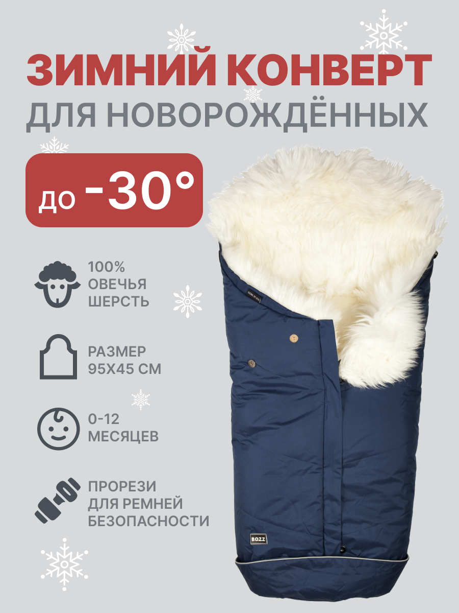 Конверт для новорожденных из овчины с длинным ворсом BOZZ синий/белый