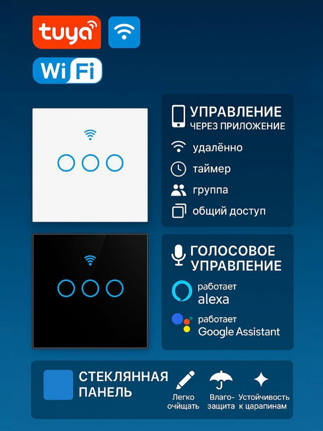 Умный сенсорный Wi-Fi+RF 433МГц выключатель света, Tuya Smart Life, белый цвет, 3 канал
