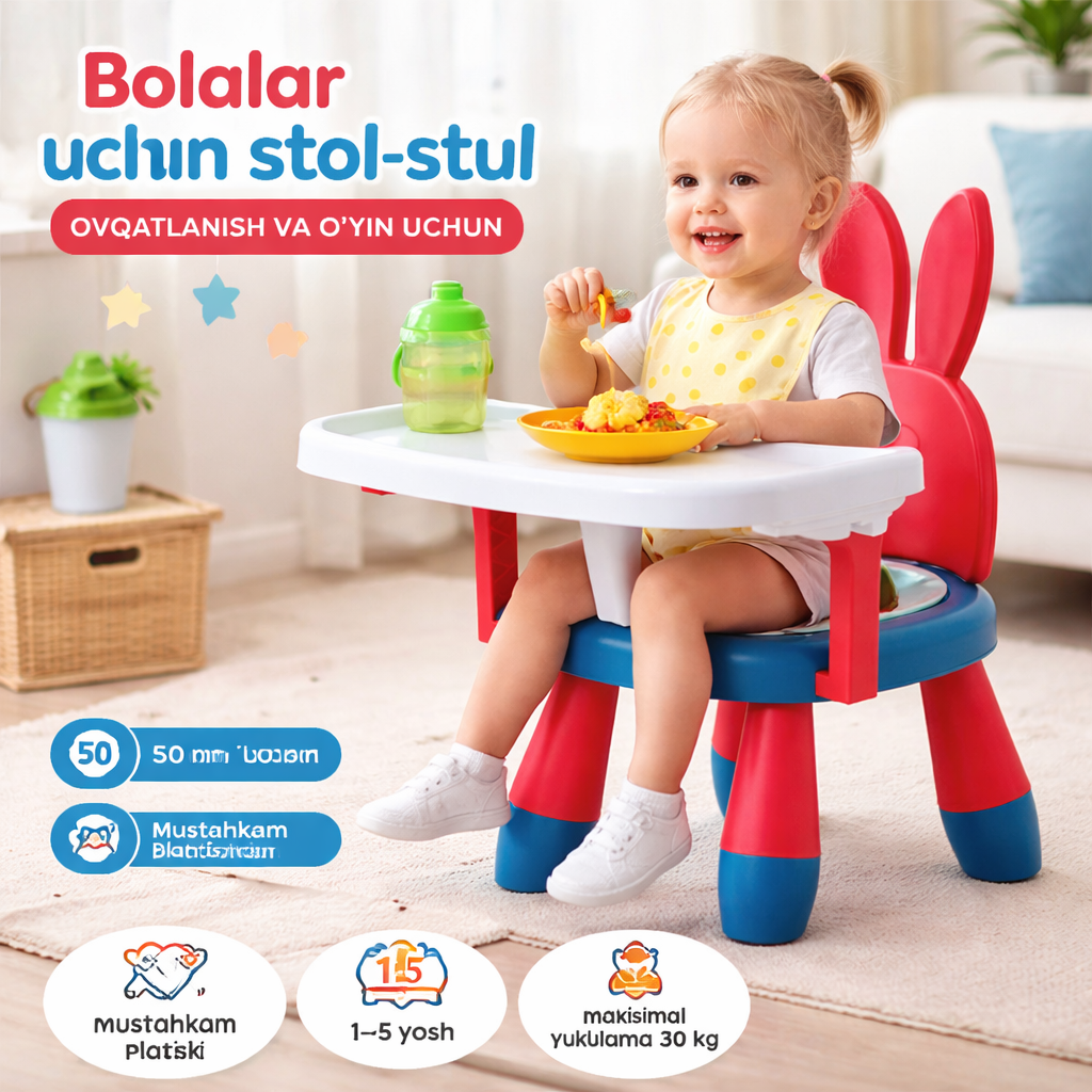 Детский стол-стул для игр и кормления, пластиковый, дизайн «Зайчик»