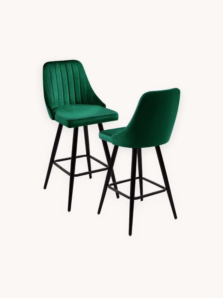 Барный стул со спинкой для кухни Лондон комплект 2 шт, кресло кухонное мягкое для гостиной, зеленый вельвет, Ами Мебель