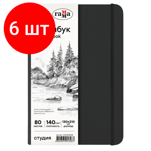 Комплект 6 шт Скетчбук 80л 130210 Гамма Студия черный твердая обложка на резинке белая 140гм2 2749₽