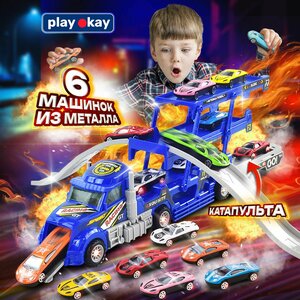 Play Okay Автовоз с машинками фура парковка набор трейлер катапульта