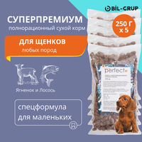 Сухой корм для щенков любых пород, Bil-Grup PERFECT, Ягненок и Лосось, супер-премиум. 250 г х 5 шт. Ежедневный рацион, гипоаллергенный.