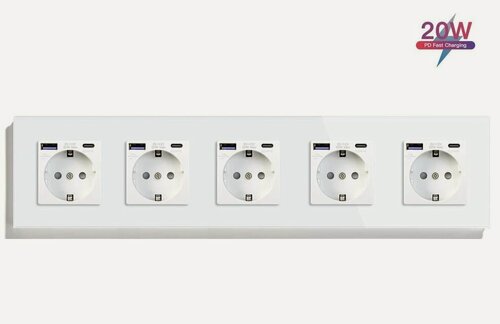 Изображение товара Розетка электрическая 5 постов с Usb/Type-C АC, быстрая зарядка 20W, цвет белый