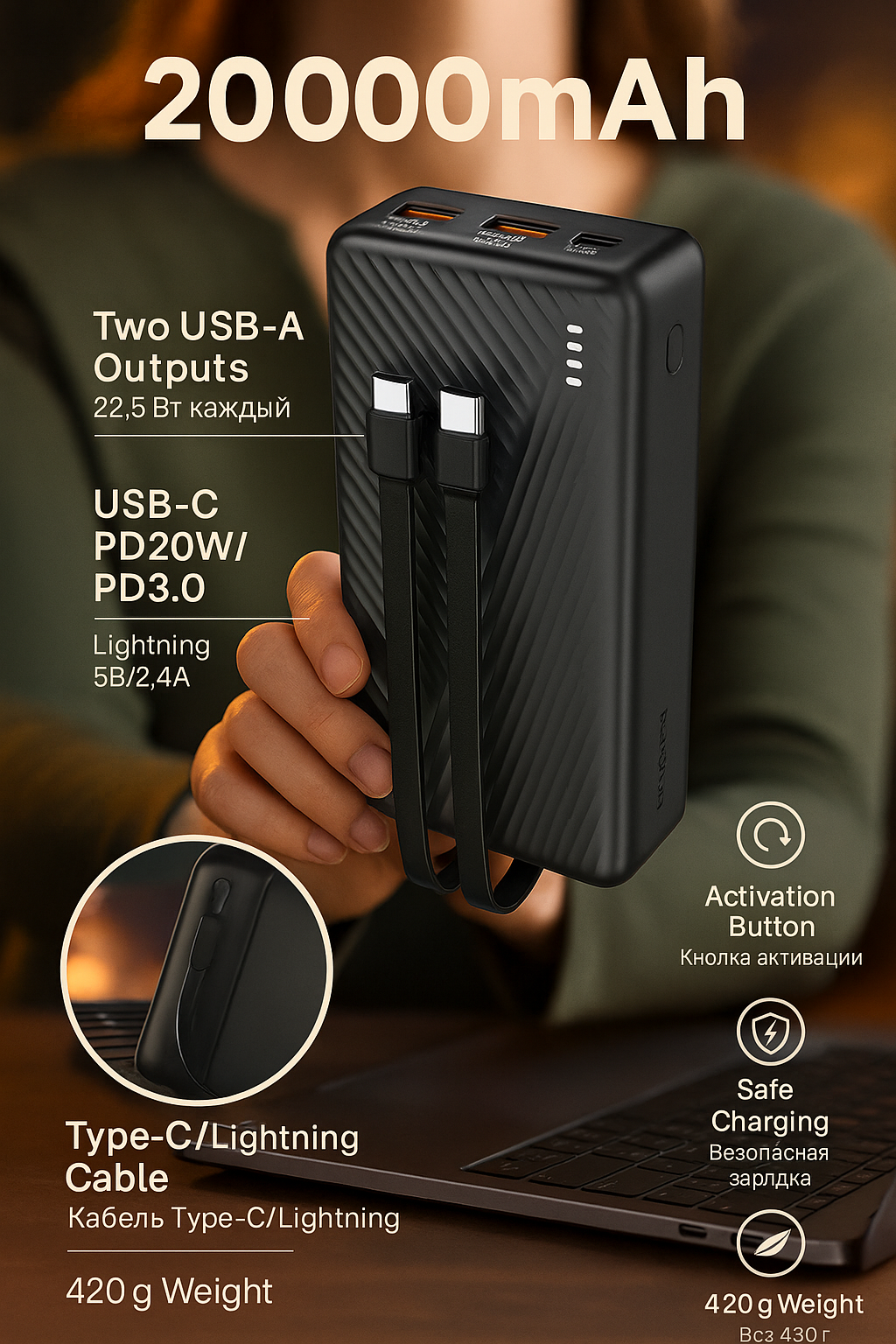 Внешний АКБ BOROFONE BJ57A 20000 mAh, 2xUSB, 1xUSB-C, 3А, 22.5W, PD20W, кабель Type-C/Lightning (ч.)